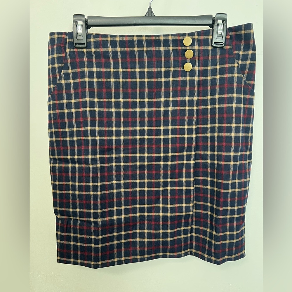 Alice’s Pig Plaid Pencil Skirt - Tartan Red, Navy and Cream with front pleat
